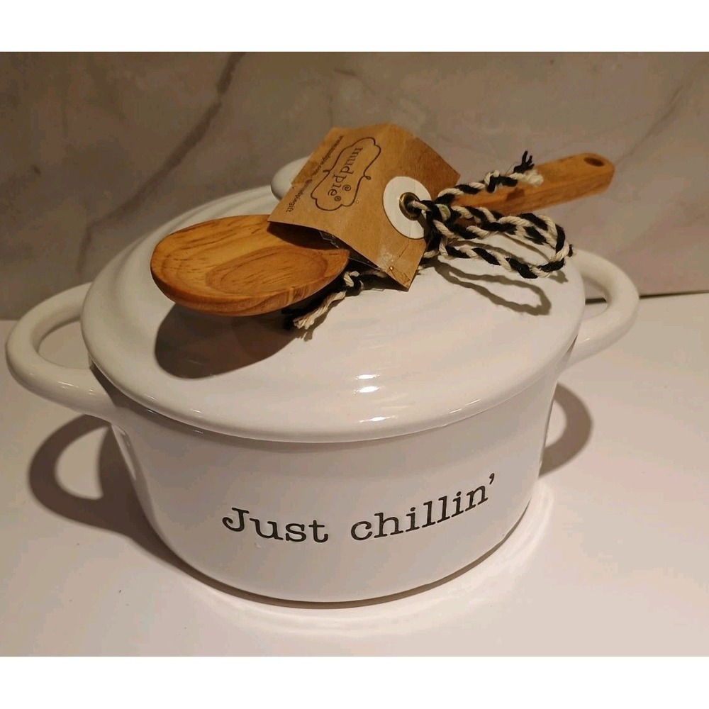 Mudpie "Just Chillin" Lidded Crock Chilli Soup Dish W/Spoon New!